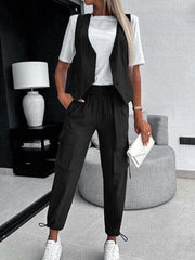 Loose Buttoned Striped V-Neck Vest Top + Pockets Ninth Pants Drawstring Pleated Pants Bottom Two Pieces Set