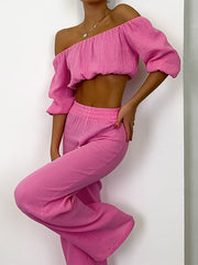 Solid Color Puff Sleeves Elasticity Off-The-Shoulder Vest Top + High Waisted Pants Bottom Two Pieces Set