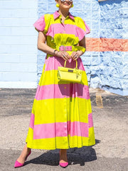 Belted Buttoned Contrast Color Pleated Pockets High Waisted Loose Lapel Shirt Dress Maxi Dresses