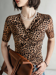 Leopard Pleated Half Sleeves Skinny V-Neck T-Shirts Tops