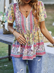 Buttoned Flower Print Split-Joint Tasseled Tied Loose Short Sleeves V-Neck T-Shirts Tops