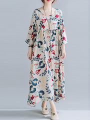 Casual Floral Printed Split-Joint Round-Neck Flared Batwing Sleeves Loose Maxi Dress