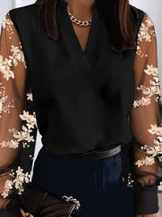 Mesh Split-Joint Long Sleeves Loose V-Neck Blouses&Shirts Tops