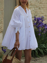 A-Line Long Sleeves Buttoned Pleated Solid Color V-Neck Mini Dresses Shirt Dress