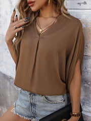 Solid Color Split-Joint Batwing Sleeves Loose V-Neck T-Shirts