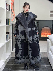Contrast Color Geometric Split-Joint Tasseled Long Sleeves Loose Lapel Overcoat Outerwear