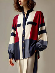 Buttoned Contrast Color Split-Joint Long Sleeves Loose Stand Collar Blouses&Shirts Tops