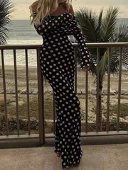 Pleated Polka-Dot Split-Joint Long Sleeves Skinny Tube Maxi Dresses