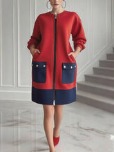 Long Sleeves Loose Contrast Color Pockets Split-Joint Zipper Round-Neck Midi Dresses