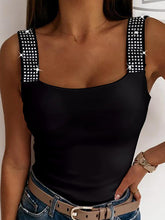 Elasticity Rhinestone Split-Joint Skinny Sleeveless Spaghetti-Neck Vest Top