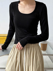 Solid Color Split-Joint Long Sleeves Skinny Round-Neck T-Shirts