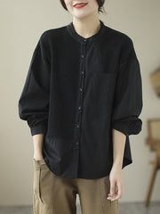 Asymmetric Buttoned Pockets Split-Joint Long Sleeves Loose Round-Neck Blouses&Shirts Tops