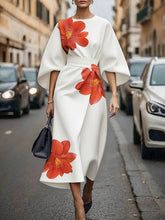 Asymmetric Floral Printed Split-Joint Three-quarter Sleeves Round-neck Midi Dresses