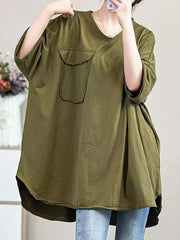 Pockets Solid Color Half Sleeves Irregular Clipping V-Neck T-Shirts Tops