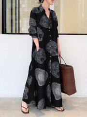 Printed Split-Joint Long Sleeves Loose Lapel Shirt Dress Maxi Dresses