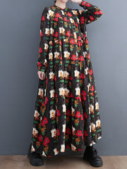 Buttoned Flower Print Split-Joint A-line Long Sleeves Round-neck Midi Dresses