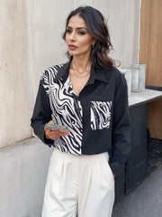 Asymmetric Buttoned Zebra-Stripe Long Sleeves Loose Lapel Blouses&Shirts Tops