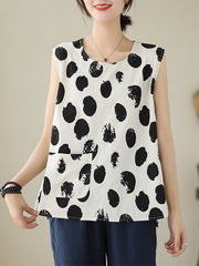 Pockets Polka-Dot Loose Plus Size Round-neck Vest Top