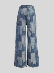 Buttoned Plaid Pockets Split-Joint Loose Wide Leg Jean Pants Bottoms
