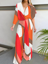 Loose Contrast Color Printed V-Neck Jumpsuits