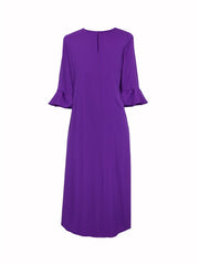 Hollow Solid Color Split-Joint Flared Sleeves Half Sleeves Round-Neck Midi Dresses