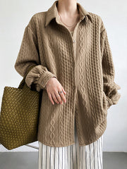 Simple Loose Long Sleeves Buttoned Solid Color Textured Lapel Collar Blouses&Shirts Tops