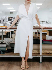 Backless Solid Color Split-Side Batwing Sleeves Loose Deep V-Neck Midi Dresses