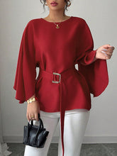 Split-Joint Tied Waist Batwing Sleeves Round-Neck Blouses&Shirts Tops