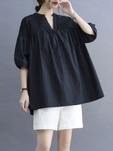Hollow Pleated Solid Color Split-Joint Half Sleeves Loose V-Neck T-Shirts