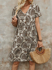 Buttoned Pleated Printed Split-Joint A-Line High Waisted V-Neck Mini Dresses