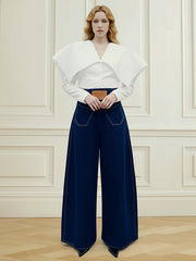 High Waisted Loose Elasticity Pockets Solid Color Zipper Jean Pants Bottoms