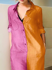 Long Sleeves Loose Buttoned Contrast Color Lapel Collar Maxi Dresses