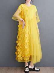 Asymmetric Gauze Split-Joint Loose Short Sleeves Round-Neck Midi Dresses