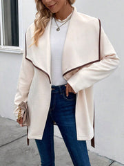 Contrast Color Tied Waist Long Sleeves Loose Lapel Outerwear