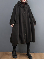 Buttoned Pockets Solid Color High-Low Long Sleeves Hooded Woolen Coat