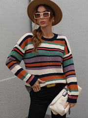 Original Long Sleeves Loose Contrast Color Striped Round-Neck Sweater Tops
