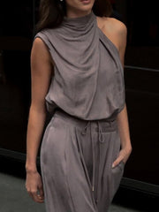Solid Color Tied Waist Loose Sleeveless High Neck Vest Top&Casual Pants Bottoms Two Pieces Set