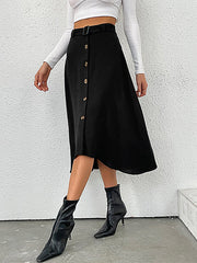 Buckle Buttoned Solid Color A-line High Waisted Skirts Bottoms
