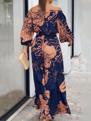 Loose Contrast Color Elasticity Floral Printed Off-The-Shoulder Shirts&Pants Suits