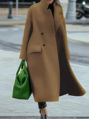 Buttoned Pockets Solid Color Split-Joint Long Sleeves Loose Stand Collar Woolen Coat