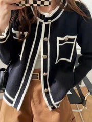 Buttoned Contrast Color Pockets Long Sleeves Round-Neck Cardigan Tops