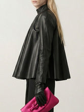 Big Hemline Solid Color A-line Long Sleeves Stand Collar Leather Top