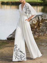 Flower Print Pleated Pockets Half Sleeves High Waisted Deep V-Neck Jumpsuits