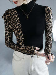 Leopard Split-Joint Long Sleeves Skinny High-Neck T-Shirts Tops