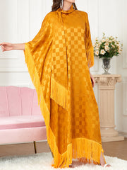 Plaid Ribbon Tasseled A-Line Batwing Sleeves Maxi Dresses