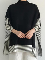 Split-Joint Split-Side Striped Batwing Sleeves Loose High Neck Sweater