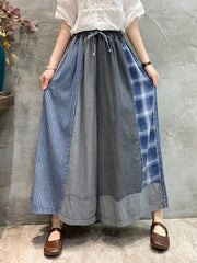 Loose Drawstring Elasticity Plaid Split-Joint Ninth Jean Pants Bottoms