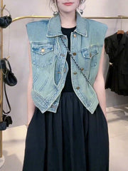 Asymmetric Buttoned Pockets Split-Joint Loose Sleeveless Lapel Collar Vest Outerwear