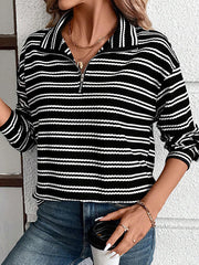 Contrast Color Striped Zipper Long Sleeves Loose Lapel Sweatshirt Tops