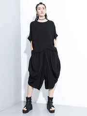 Loose Solid Color Round-Neck Short Sleeves Tops+ Elasticity Pleated Cropped Pants Two Pieces Set